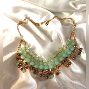 Chico's Elegant Goldtone Mint Green & Bronze Glass Bead Bib Statement Necklace